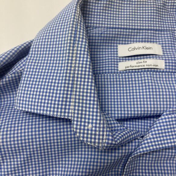 Calvin Klein Mens Slim Fit Performance Dress Shirt 16.5 in 34-35 Blue White - Picture 2 of 6